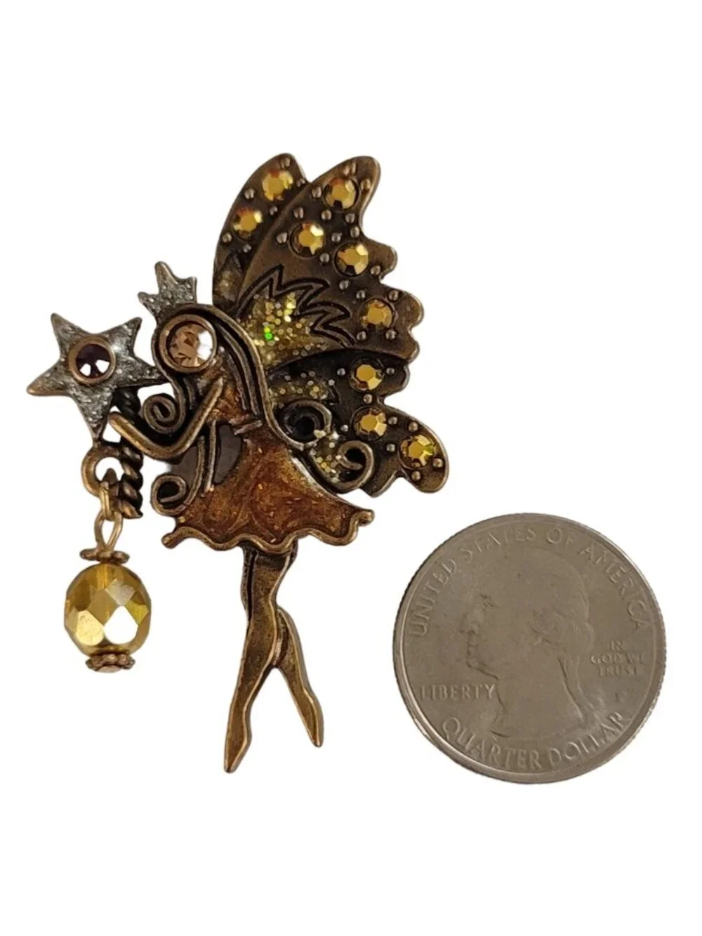 Gold Rhinestone Enamel Star Wand Dangle Fairy Brooch Pin K929